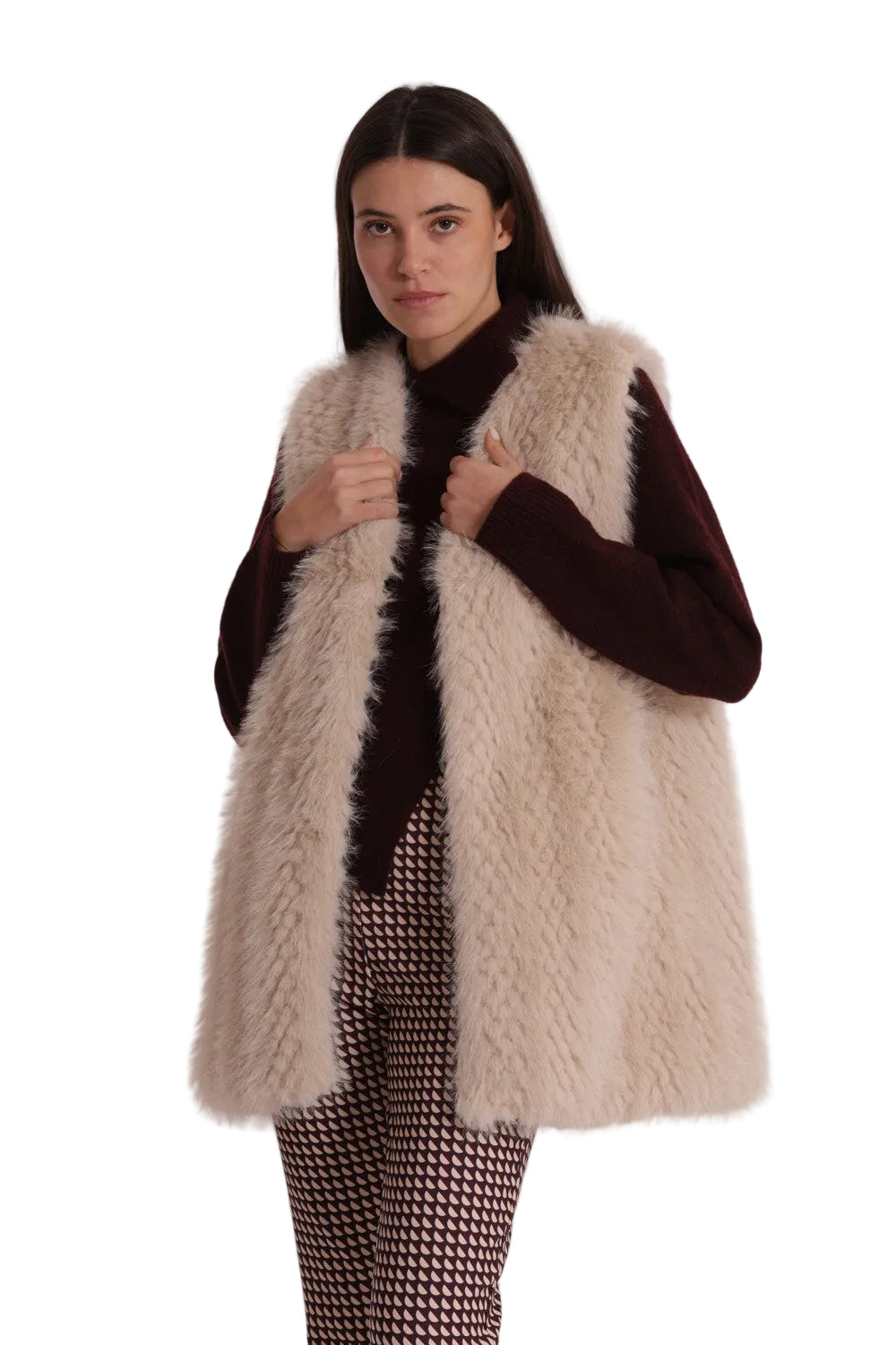 Gilet Lungo Effetto Montone Donna - Senza Maniche Elegante YQAN-6569