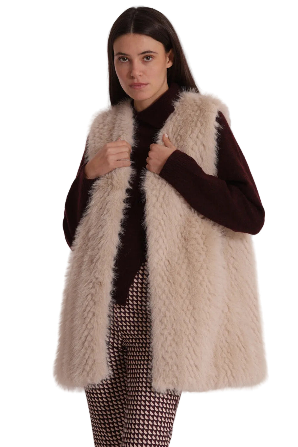 Gilet Lungo Effetto Montone Donna - Senza Maniche Elegante YQAN-6569