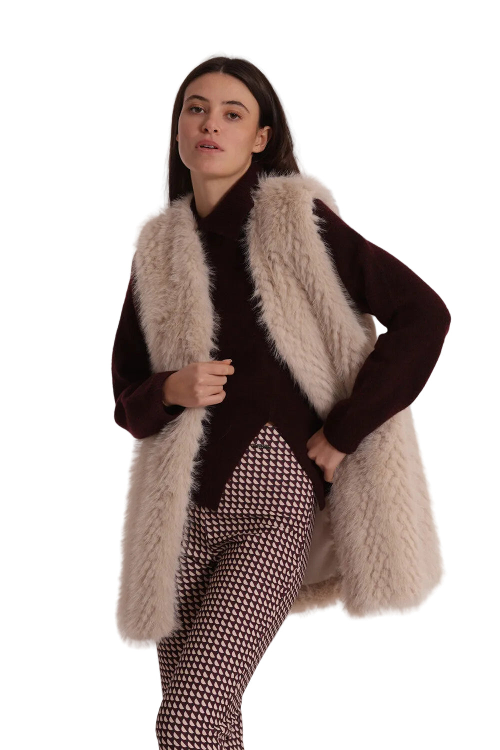 Gilet Lungo Effetto Montone Donna - Senza Maniche Elegante YQAN-6569