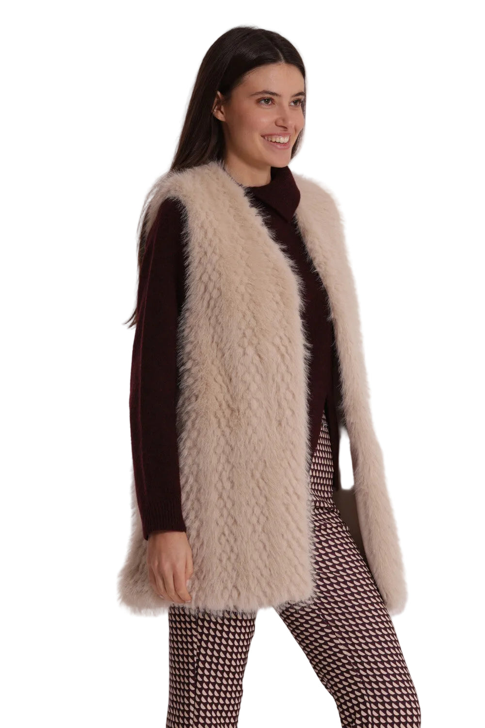 Gilet Lungo Effetto Montone Donna - Senza Maniche Elegante YQAN-6569