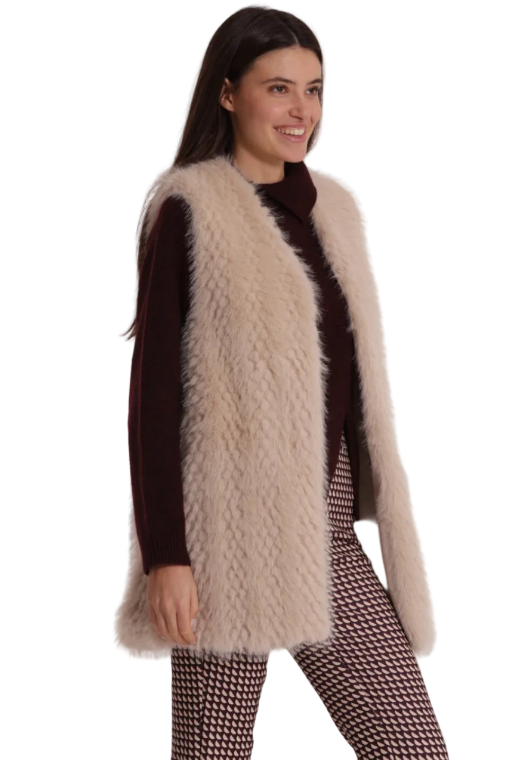 Gilet Lungo Effetto Montone Donna - Senza Maniche Elegante YQAN-6569