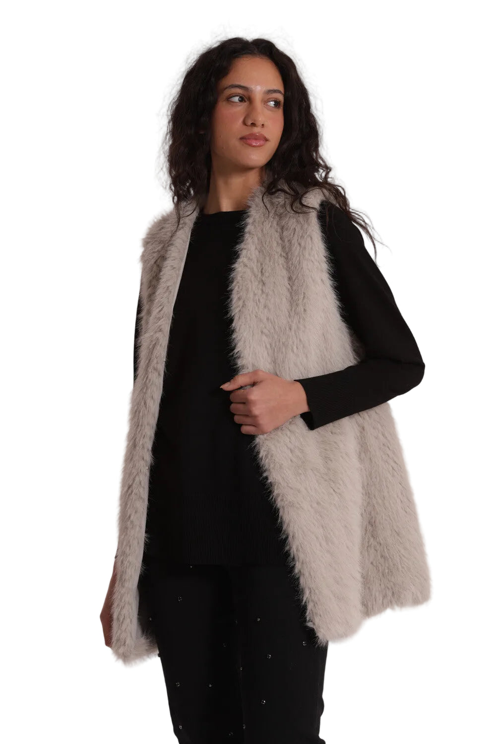 Gilet Lungo Effetto Montone Donna - Senza Maniche Elegante YQAN-6569