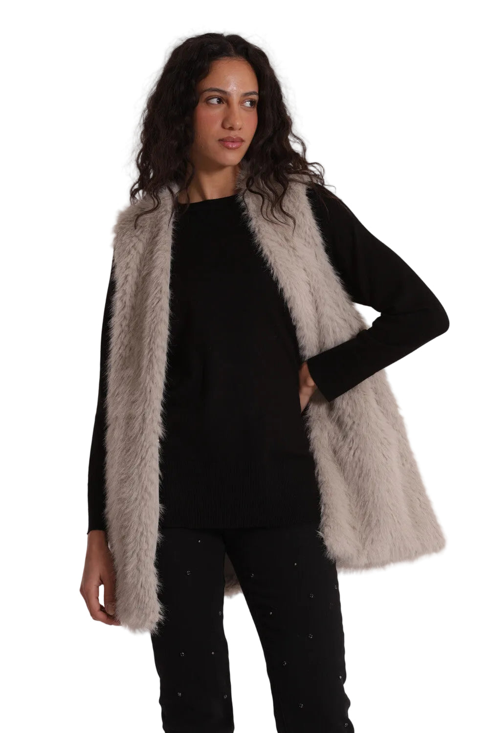 Gilet Lungo Effetto Montone Donna - Senza Maniche Elegante YQAN-6569