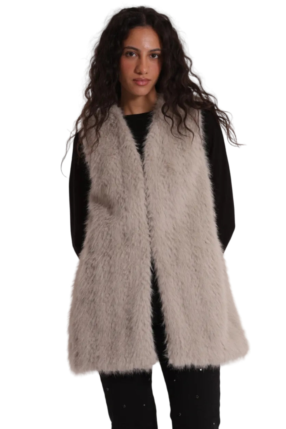 Gilet Lungo Effetto Montone Donna - Senza Maniche Elegante YQAN-6569